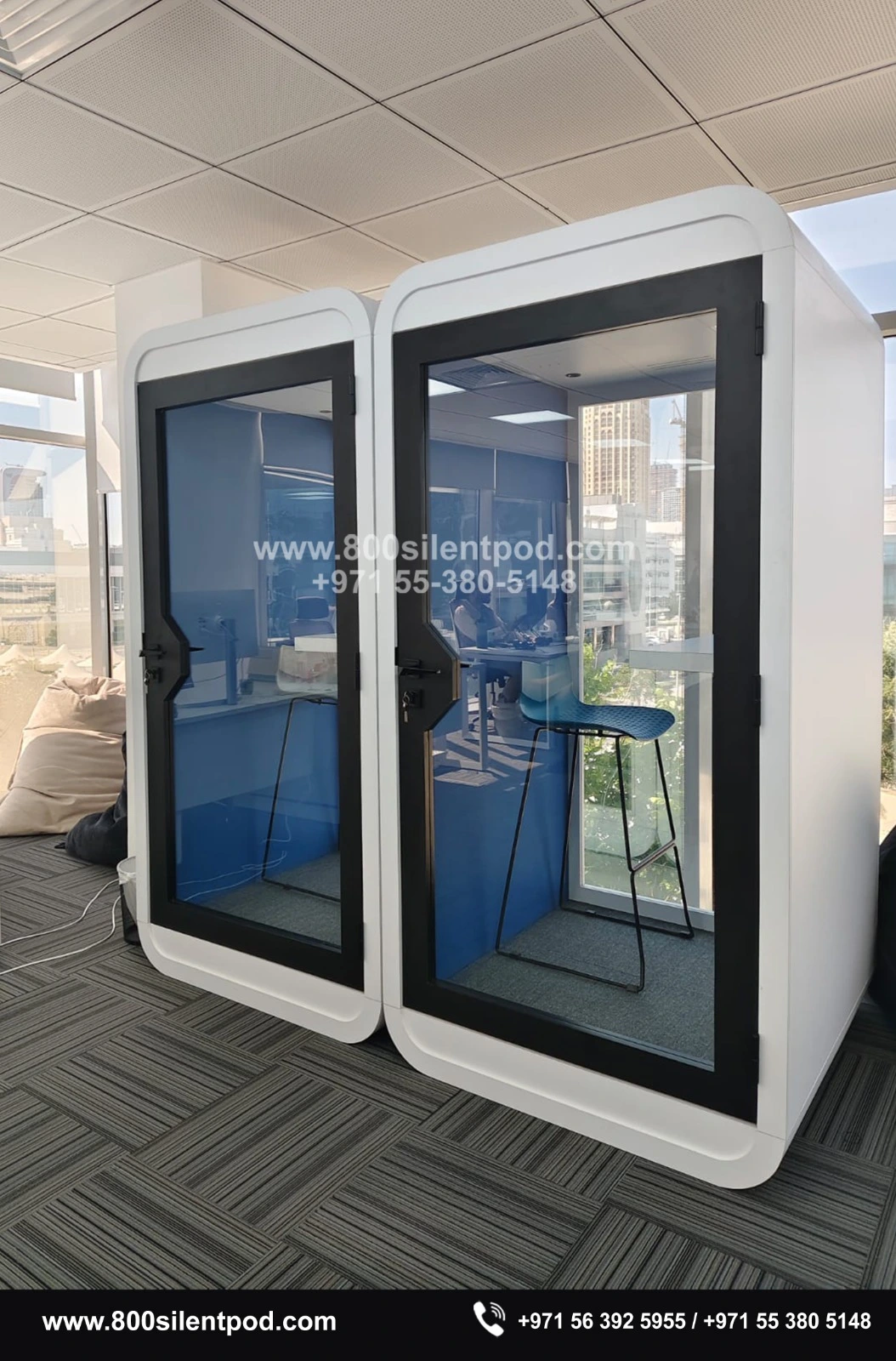 Recently installed Pods for a finance company in Dubai, creating quiet and private spaces for focused work and confidential conversations. Designed to reduce noise and improve productivity, these pods fit seamlessly into modern office environments.