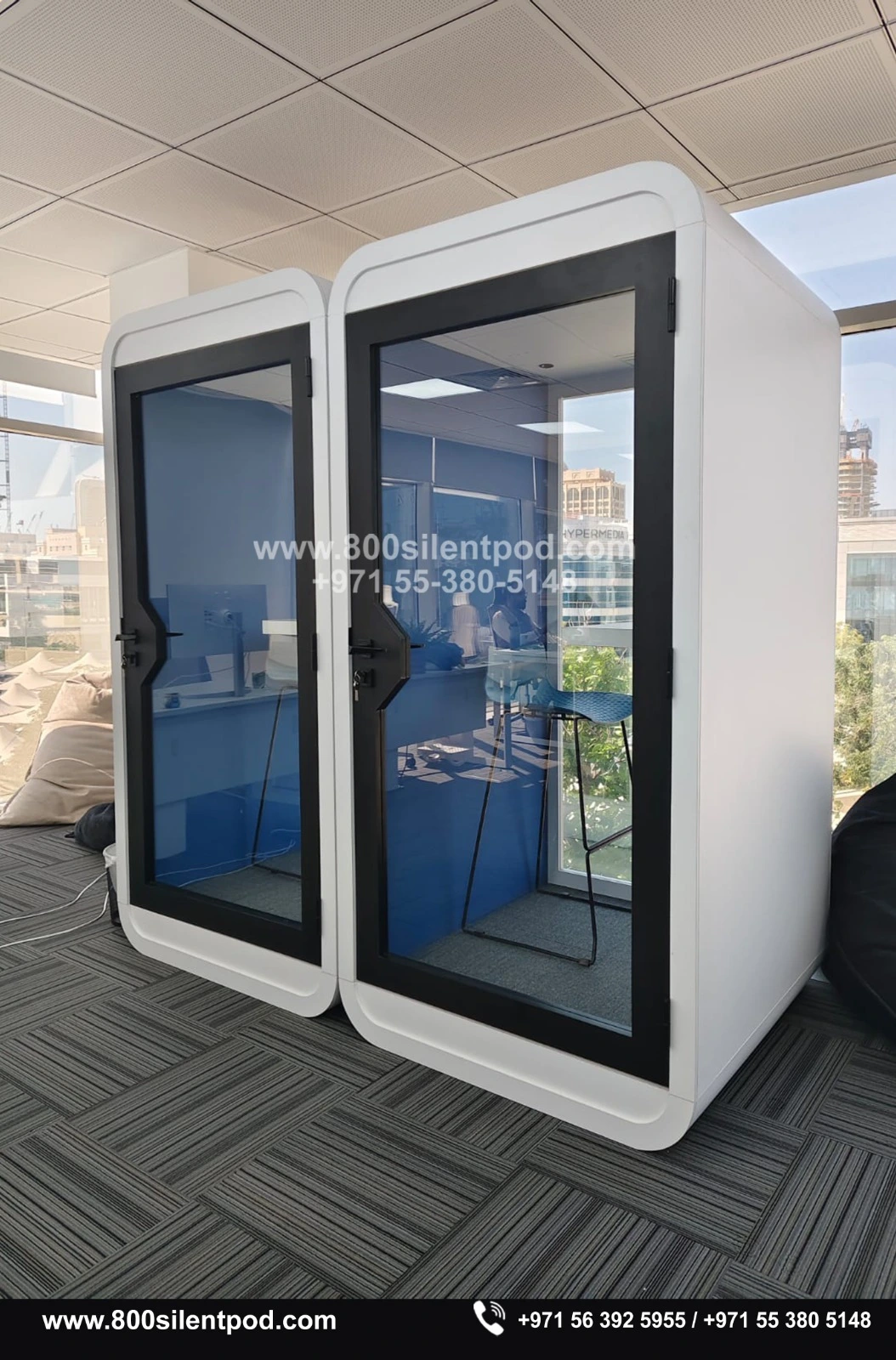 Recently installed Pods for a finance company in Dubai, creating quiet and private spaces for focused work and confidential conversations. Designed to reduce noise and improve productivity, these pods fit seamlessly into modern office environments.