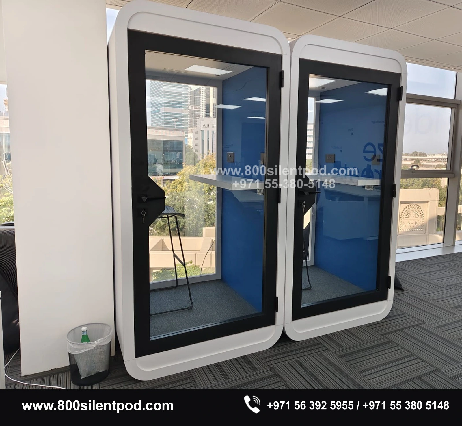 Recently installed Pods for a finance company in Dubai, creating quiet and private spaces for focused work and confidential conversations. Designed to reduce noise and improve productivity, these pods fit seamlessly into modern office environments.