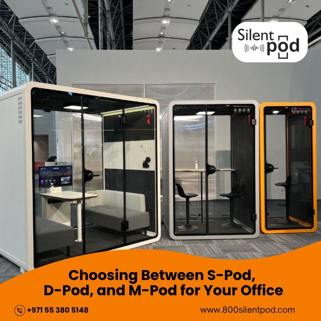 Find the best office pod for your workspace. Compare S Pod, D Pod, and M Pod from 800SilentPod, designed for privacy and productivity in Dubai offices.
